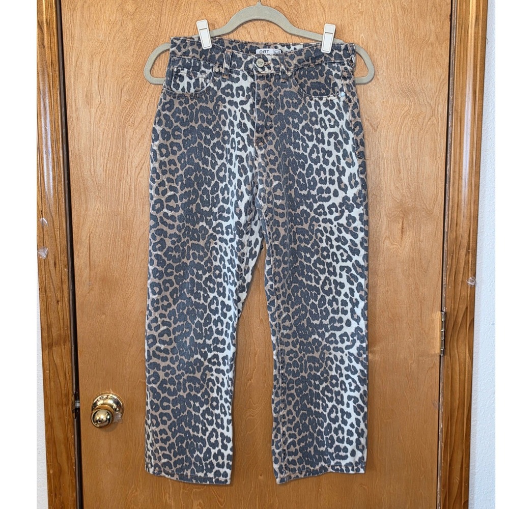 OAT New York Leopard High Rise Straight Leg Jeans Tan Grey Animal 4/27 PO205-LP